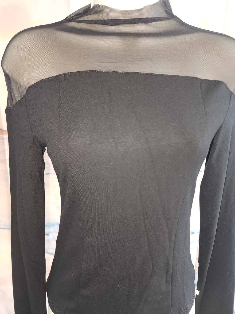 COMMENSE Women's Black Sheer Yoke Long-Sleeve Top - Picture 3 of 9